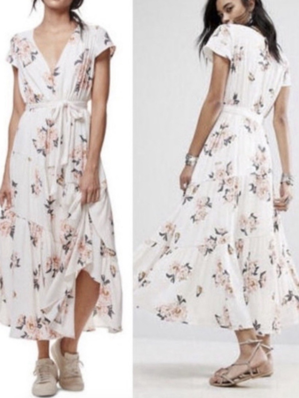 Free People Floral Midi Dress Cream Pink Tiered Boho Tie Waist